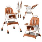 Scaun de Masa pentru Bebelusi si Copii Embo, cu Roti, cu Tetiera, Telescopic, Pliabil, Masuta Reglabila, Suport Picioare, Scaun cu Invelis Piele Artificiala, Centura Siguranta, Spatiu Depozitare, 97 x 73 x 65 cm, Maro - imagine 9
