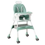 Scaun de Masa pentru Bebelusi si Copii Embo, cu Roti, cu Tetiera, Telescopic, Pliabil, Masuta Reglabila, Suport Picioare, Scaun cu Invelis Piele Artificiala, Centura Siguranta, Spatiu Depozitare, 97 x 73 x 65 cm, Albastru