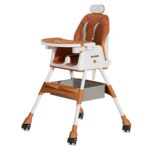 Scaun de Masa pentru Bebelusi si Copii Embo, cu Roti, cu Tetiera, Telescopic, Pliabil, Masuta Reglabila, Suport Picioare, Scaun cu Invelis Piele Artificiala, Centura Siguranta, Spatiu Depozitare, 97 x 73 x 65 cm, Maro