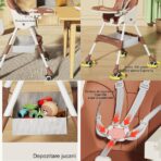 Scaun de masa pentru bebelusi si copii Embo, cu roti, telescopic, pliabil, masuta reglabila, suport picioare, scaun invelis piele artificiala, centura siguranta, spatiu depozitare, 97 x 73 x 65 cm, maro - imagine 2