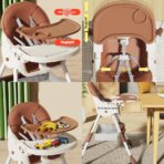 Scaun de masa pentru bebelusi si copii Embo, cu roti, telescopic, pliabil, masuta reglabila, suport picioare, scaun invelis piele artificiala, centura siguranta, spatiu depozitare, 97 x 73 x 65 cm, maro - imagine 3