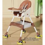 Scaun de masa pentru bebelusi si copii Embo, cu roti, telescopic, pliabil, masuta reglabila, suport picioare, scaun invelis piele artificiala, centura siguranta, spatiu depozitare, 97 x 73 x 65 cm, maro - imagine 8