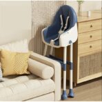 Scaun de masa pentru bebelusi si copii Embo, cu roti, telescopic, pliabil, masuta reglabila, suport picioare, scaun invelis piele artificiala, centura siguranta, spatiu depozitare, 97 x 73 x 65 cm, albastru - imagine 2