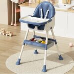 Scaun de masa pentru bebelusi si copii Embo, cu roti, telescopic, pliabil, masuta reglabila, suport picioare, scaun invelis piele artificiala, centura siguranta, spatiu depozitare, 97 x 73 x 65 cm, albastru - imagine 3