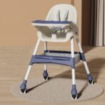 Scaun de masa pentru bebelusi si copii Embo, cu roti, telescopic, pliabil, masuta reglabila, suport picioare, scaun invelis piele artificiala, centura siguranta, spatiu depozitare, 97 x 73 x 65 cm, albastru - imagine 5