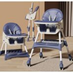 Scaun de Masa pentru Bebelusi si Copii, Embo, cu Roti, Telescopic, Pliabil, Masuta Reglabila, Suport Picioare, Scaun cu Invelis Piele Artificiala, Centura Siguranta, Spatiu Depozitare, 97x73x65 cm, Albastru - imagine 2