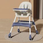 Scaun de Masa pentru Bebelusi si Copii, Embo, cu Roti, Telescopic, Pliabil, Masuta Reglabila, Suport Picioare, Scaun cu Invelis Piele Artificiala, Centura Siguranta, Spatiu Depozitare, 97x73x65 cm, Albastru - imagine 3