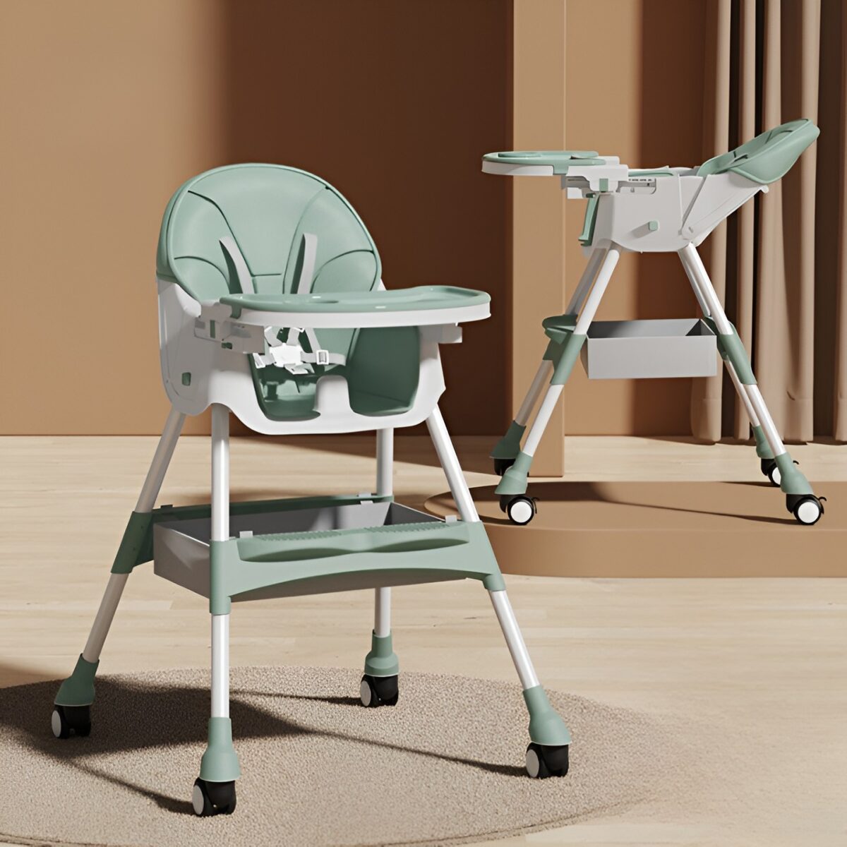 Scaun de Masa pentru Bebelusi si Copii, Embo, cu Roti, Telescopic, Pliabil, Masuta Reglabila, Suport Picioare, Scaun cu Invelis Piele Artificiala, Centura Siguranta, Spatiu Depozitare, 97x73x65 cm, Verde - imagine 3