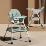 Scaun de Masa pentru Bebelusi si Copii, Embo, cu Roti, Telescopic, Pliabil, Masuta Reglabila, Suport Picioare, Scaun cu Invelis Piele Artificiala, Centura Siguranta, Spatiu Depozitare, 97x73x65 cm, Verde - imagine 3