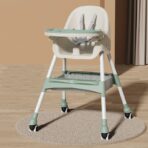 Scaun de Masa pentru Bebelusi si Copii, Embo, cu Roti, Telescopic, Pliabil, Masuta Reglabila, Suport Picioare, Scaun cu Invelis Piele Artificiala, Centura Siguranta, Spatiu Depozitare, 97x73x65 cm, Verde - imagine 5