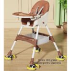 Scaun de Masa pentru Bebelusi si Copii, Embo, cu Roti, Telescopic, Pliabil, Masuta Reglabila, Suport Picioare, Scaun cu Invelis Piele Artificiala, Centura Siguranta, Spatiu Depozitare, 97x73x65 cm, Maro - imagine 4