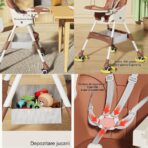Scaun de Masa pentru Bebelusi si Copii, Embo, cu Roti, Telescopic, Pliabil, Masuta Reglabila, Suport Picioare, Scaun cu Invelis Piele Artificiala, Centura Siguranta, Spatiu Depozitare, 97x73x65 cm, Maro - imagine 10