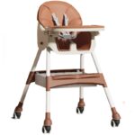 Scaun de masa pentru bebelusi si copii Embo, cu roti, telescopic, pliabil, masuta reglabila, suport picioare, scaun invelis piele artificiala, centura siguranta, spatiu depozitare, 97 x 73 x 65 cm, maro