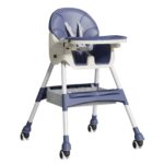 Scaun de Masa pentru Bebelusi si Copii, Embo, cu Roti, Telescopic, Pliabil, Masuta Reglabila, Suport Picioare, Scaun cu Invelis Piele Artificiala, Centura Siguranta, Spatiu Depozitare, 97x73x65 cm, Albastru