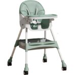 Scaun de Masa pentru Bebelusi si Copii, Embo, cu Roti, Telescopic, Pliabil, Masuta Reglabila, Suport Picioare, Scaun cu Invelis Piele Artificiala, Centura Siguranta, Spatiu Depozitare, 97x73x65 cm, Verde