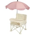 Scaun de Masa pentru Bebelusi si Copii, Embo, Tavita si Husa Detasabile, Multifuncțional, Stabil, Centura de Siguranta, Cos de Depozitare, Bej, cu Umbrela Roz, de la 6 Luni