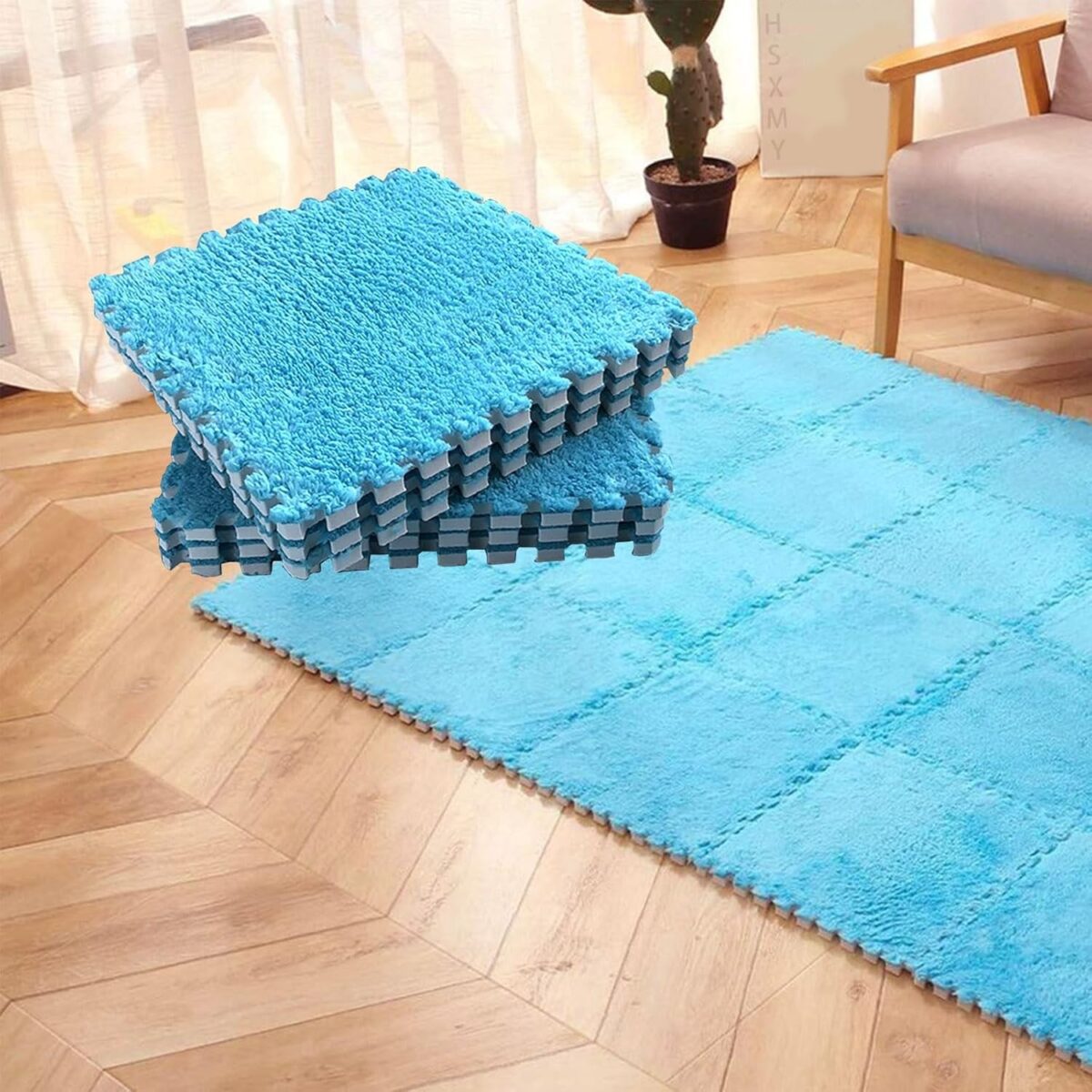 Set 10 Piese Covor tip Puzzle, Embo, Spuma EVA, Pufos, 30 x 30 x 1 cm, Albastru - imagine 6