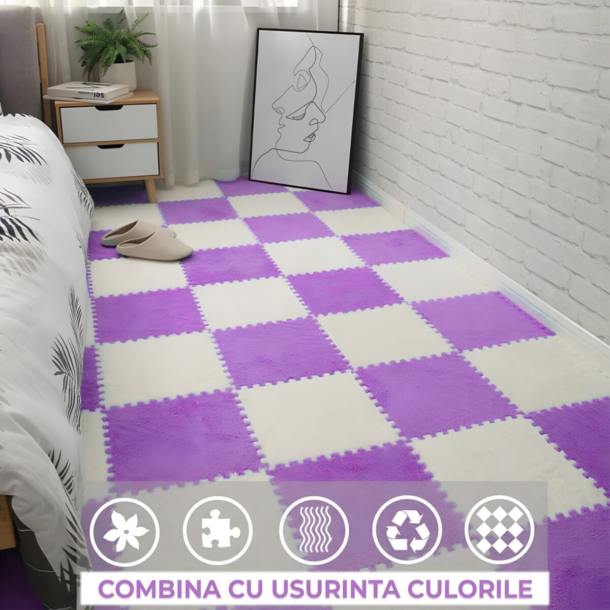 Set 10 Piese Covor tip Puzzle, Embo, Spuma EVA, Pufos, 30 x 30 x 1 cm, Mov - imagine 3