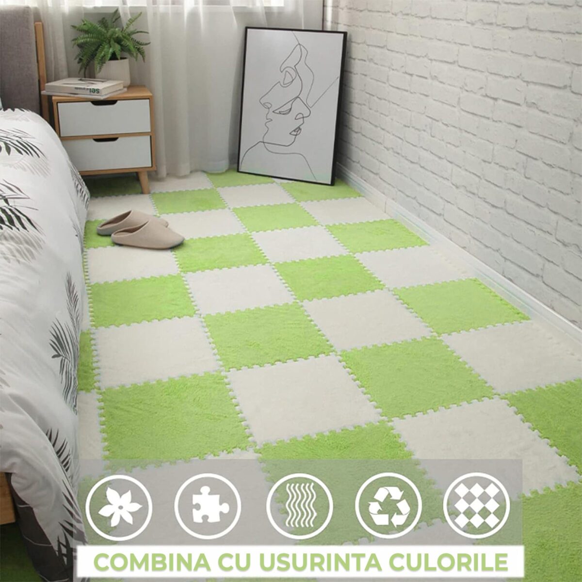 Set 10 Piese Covor tip Puzzle, Embo, Spuma EVA, Pufos, 30 x 30 x 1 cm, Verde - imagine 2