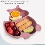 Set 10 piese diversificare bebelusi si copii din silicon Embo, baveta, farfurie compartimentata cu ventuza, bol cu ventuza, tacamuri din lemn si silicon, cana pentru gustari, fara alergeni, roz pudrat - imagine 4