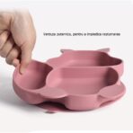 Set 10 piese diversificare bebelusi si copii din silicon Embo, baveta, farfurie compartimentata cu ventuza, bol cu ventuza, tacamuri din lemn si silicon, cana pentru gustari, fara alergeni, roz pudrat - imagine 6