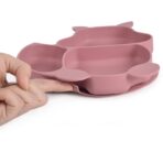 Set 10 piese diversificare bebelusi si copii din silicon Embo, baveta, farfurie compartimentata cu ventuza, bol cu ventuza, tacamuri din lemn si silicon, cana pentru gustari, fara alergeni, roz pudrat - imagine 7