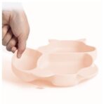 Set 10 piese diversificare bebelusi si copii din silicon Embo, baveta, farfurie compartimentata cu ventuza, bol cu ventuza, tacamuri din lemn si silicon, cana pentru gustari, fara alergeni, roz pal - imagine 4