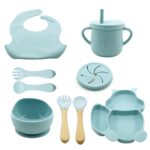 Set 10 piese diversificare bebelusi si copii din silicon Embo, baveta, farfurie compartimentata cu ventuza, bol cu ventuza, tacamuri din lemn si silicon, cana pentru gustari, fara alergeni, baby blue