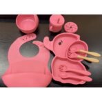 Set 10 Piese Servire Masa. Embo, pentru Bebelusi si Copii, din Silicon/Lemn, cu Ventuze Anti-alunecare, fara Alergeni. +6 Luni, Model Elefant, Roz - imagine 6