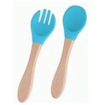 Set 10 Piese Servire Masa. Embo, pentru Bebelusi si Copii, din Silicon/Lemn, cu Ventuze Anti-alunecare, fara Alergeni. +6 Luni, Model Elefant, Albastru - imagine 3