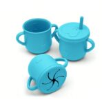 Set 10 Piese Servire Masa. Embo, pentru Bebelusi si Copii, din Silicon/Lemn, cu Ventuze Anti-alunecare, fara Alergeni. +6 Luni, Model Elefant, Albastru - imagine 5
