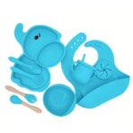 Set 10 Piese Servire Masa. Embo, pentru Bebelusi si Copii, din Silicon/Lemn, cu Ventuze Anti-alunecare, fara Alergeni. +6 Luni, Model Elefant, Albastru - imagine 6