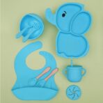 Set 10 Piese Servire Masa. Embo, pentru Bebelusi si Copii, din Silicon/Lemn, cu Ventuze Anti-alunecare, fara Alergeni. +6 Luni, Model Elefant, Albastru - imagine 7