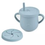 Set 10 Piese Servire Masa. Embo, pentru Bebelusi si Copii, din Silicon/Lemn, cu Ventuze Anti-alunecare, fara Alergeni. +6 Luni, Model Elefant, Albastru Deschis - imagine 2