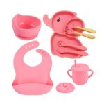 Set 10 Piese Servire Masa. Embo, pentru Bebelusi si Copii, din Silicon/Lemn, cu Ventuze Anti-alunecare, fara Alergeni. +6 Luni, Model Elefant, Roz