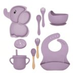Set 10 Piese Servire Masa. Embo, pentru Bebelusi si Copii, din Silicon/Lemn, cu Ventuze Anti-alunecare, fara Alergeni. +6 Luni, Model Elefant, Mov