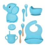 Set 10 Piese Servire Masa. Embo, pentru Bebelusi si Copii, din Silicon/Lemn, cu Ventuze Anti-alunecare, fara Alergeni. +6 Luni, Model Elefant, Albastru