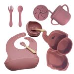 Set 10 Piese Servire Masa. Embo, pentru Bebelusi si Copii, din Silicon/Lemn, cu Ventuze Anti-alunecare, fara Alergeni. +6 Luni, Model Elefant, Maro