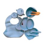 Set 10 Piese Servire Masa. Embo, pentru Bebelusi si Copii, din Silicon/Lemn, cu Ventuze Anti-alunecare, fara Alergeni. +6 Luni, Model Elefant, Albastru Deschis