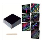 Set 100 de Foi de Hartie de Razuit, Embo, cu Creion din Bambus, pentru Desen, 8.5 x 8.5, Curcubeu, Negru