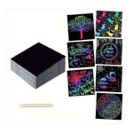 Set 100 de Foi de Hartie de Razuit, Embo, cu Creion din Bambus, pentru Desen, 8.5 x 8.5, Curcubeu, Negru