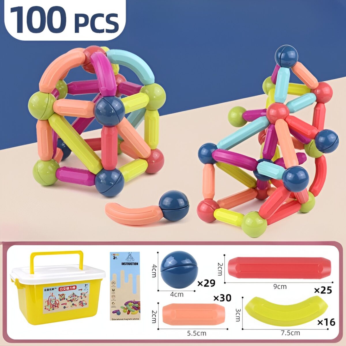 Set 100 Piese Magnetice de Constructie, Embo, Magnetic Sticks, Bastonase si Bile, 3 Ani, ABS, Magnet, 24 x 18.5 x 14 cm, Multicolor - imagine 5