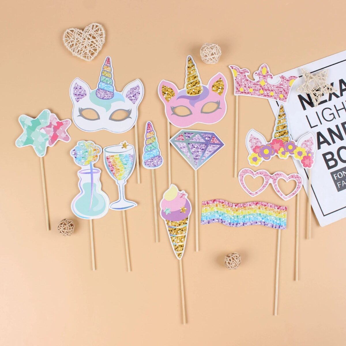 Set 12 Accesorii pentru Petrecere, Embo, Props pentru Photo Corner, Tema Aniversare Copii, Multicolor - imagine 5