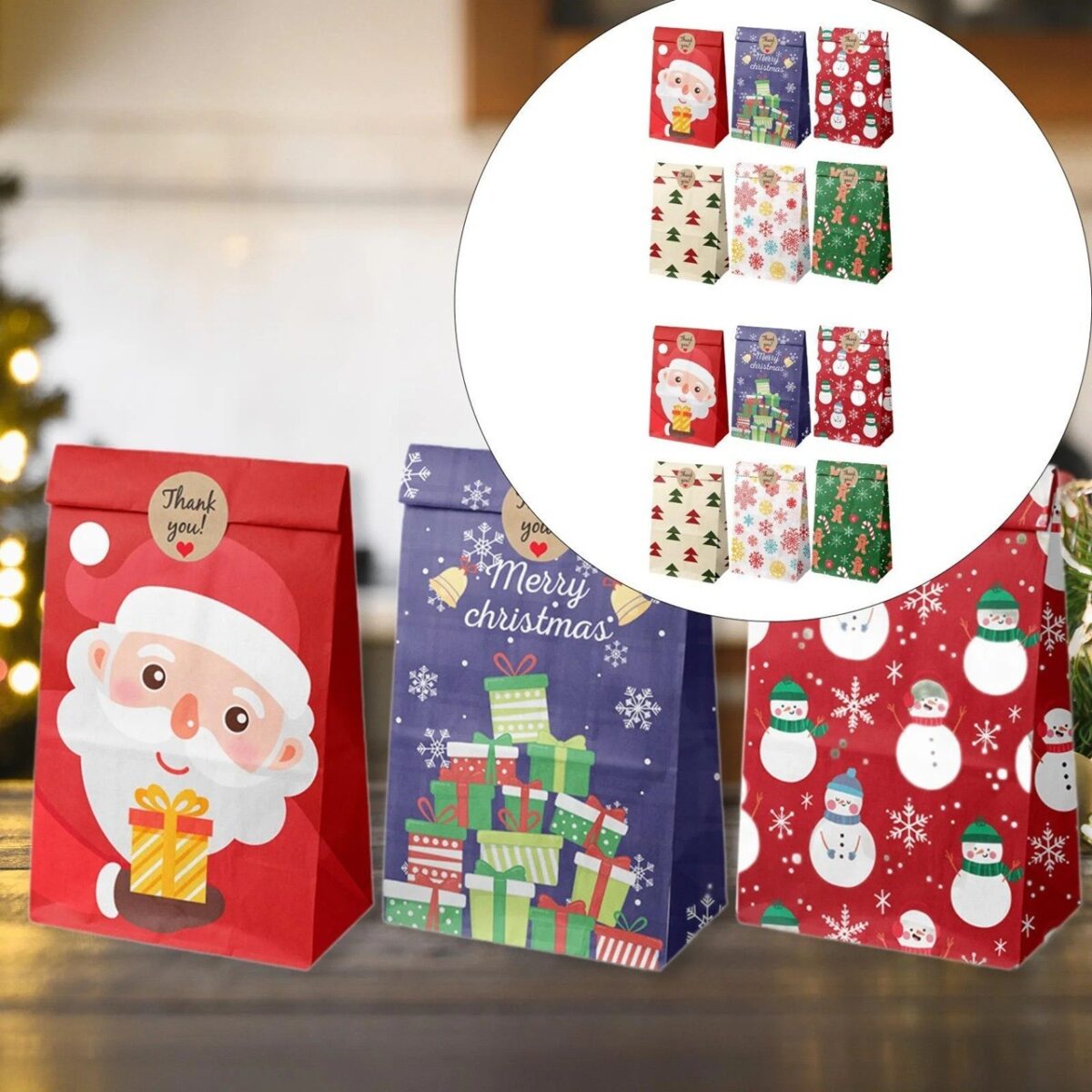 Set 12 Pungi de Cadou, Embo, Tema Craciun, cu Motive Festive, 12 Stickere Incluse, 22 x 12 x 8 cm, din Hartie, Multicolor - imagine 3
