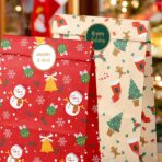 Set 12 Pungi de Cadou, Embo, Tema Craciun, cu Motive Festive, 12 Stickere Incluse, 24 x 13 x 8 cm, din Hartie, Multicolor - imagine 3