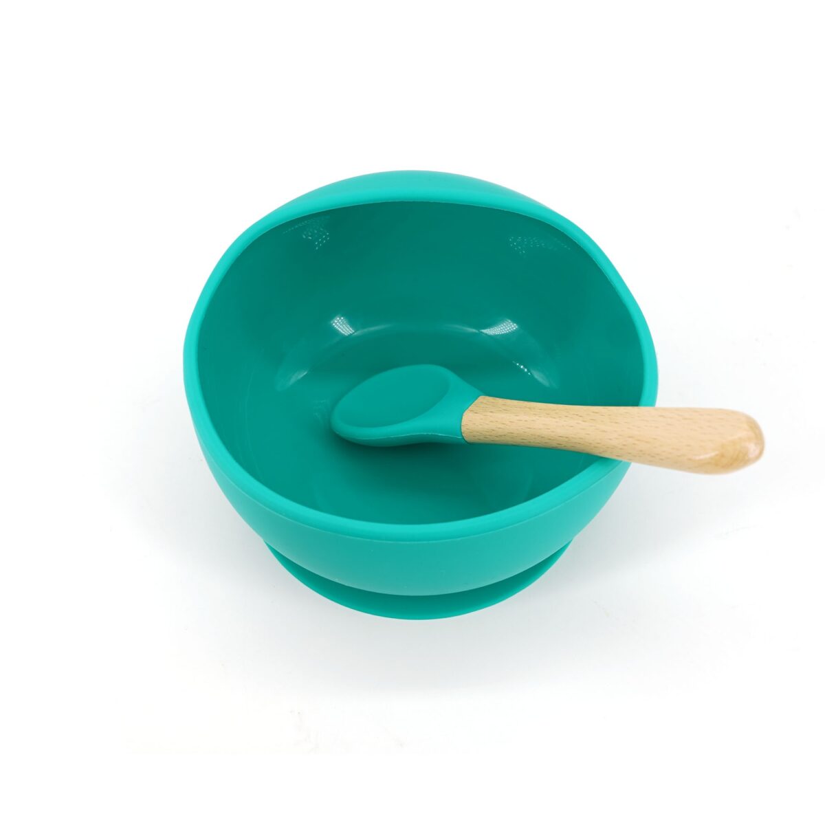 Set 2 piese diversificare bebelusi si copii din silicon Embo, bol cu ventuza, lingurita din lemn si silicon, pentru gustari, fara alergeni, verde - imagine 2