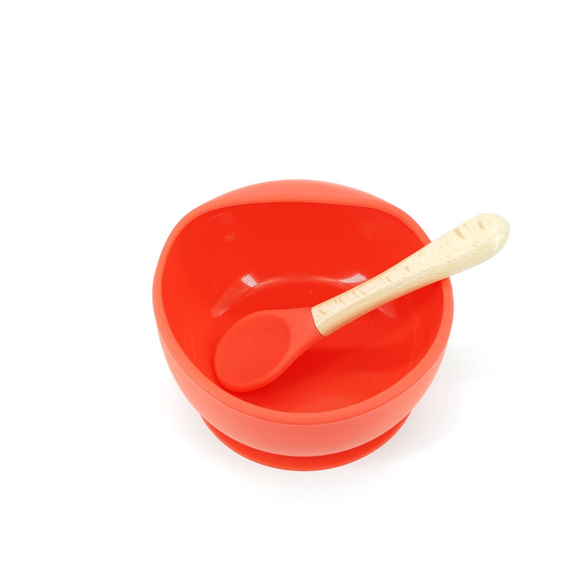 Set 2 piese diversificare bebelusi si copii din silicon Embo, bol cu ventuza, lingurita din lemn si silicon, pentru gustari, fara alergeni, rosu - imagine 2