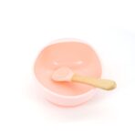 Set 2 piese diversificare bebelusi si copii din silicon Embo, bol cu ventuza, lingurita din lemn si silicon, pentru gustari, fara alergeni, roz - imagine 2