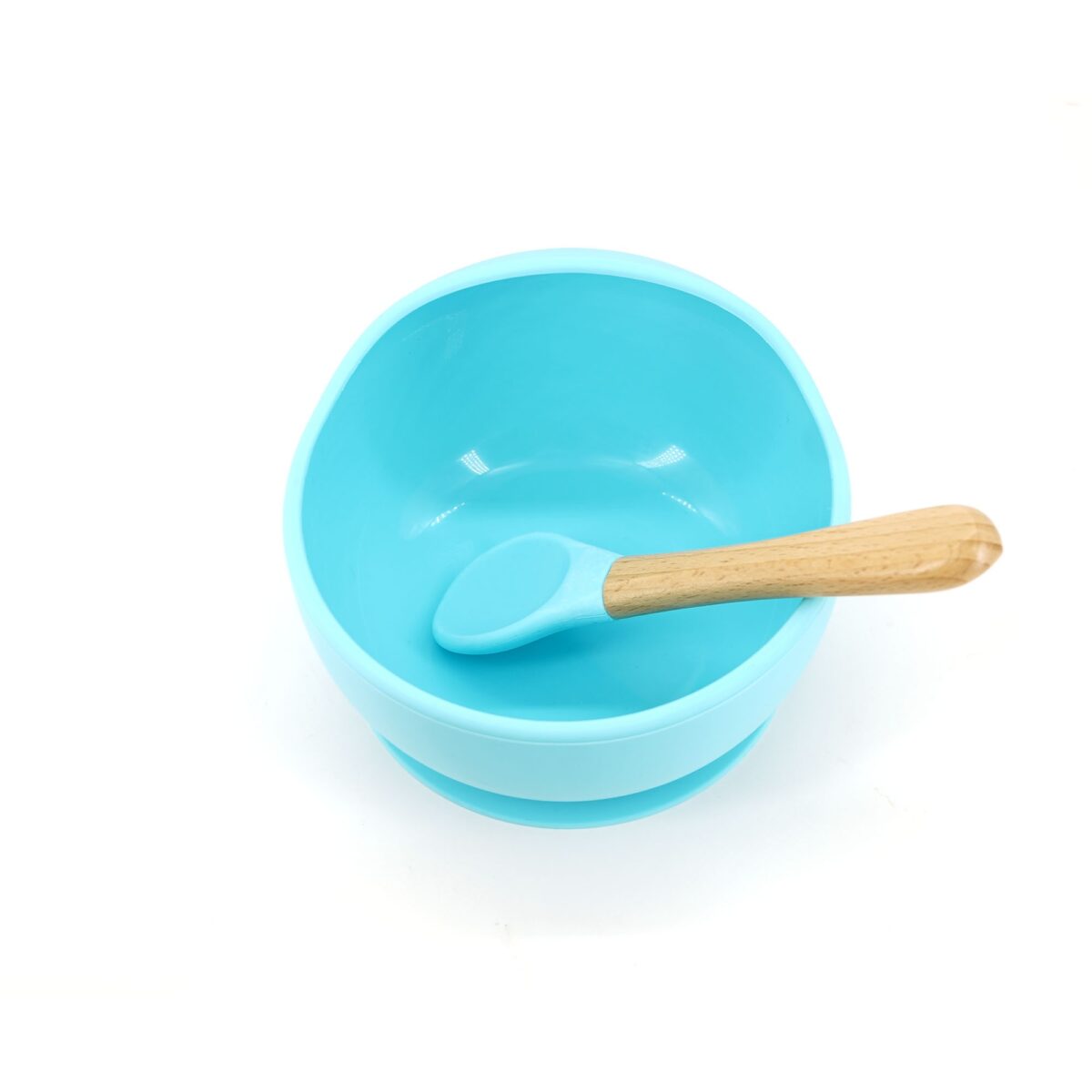 Set 2 piese diversificare bebelusi si copii din silicon Embo, bol cu ventuza, lingurita din lemn si silicon, pentru gustari, fara alergeni, albastru - imagine 2