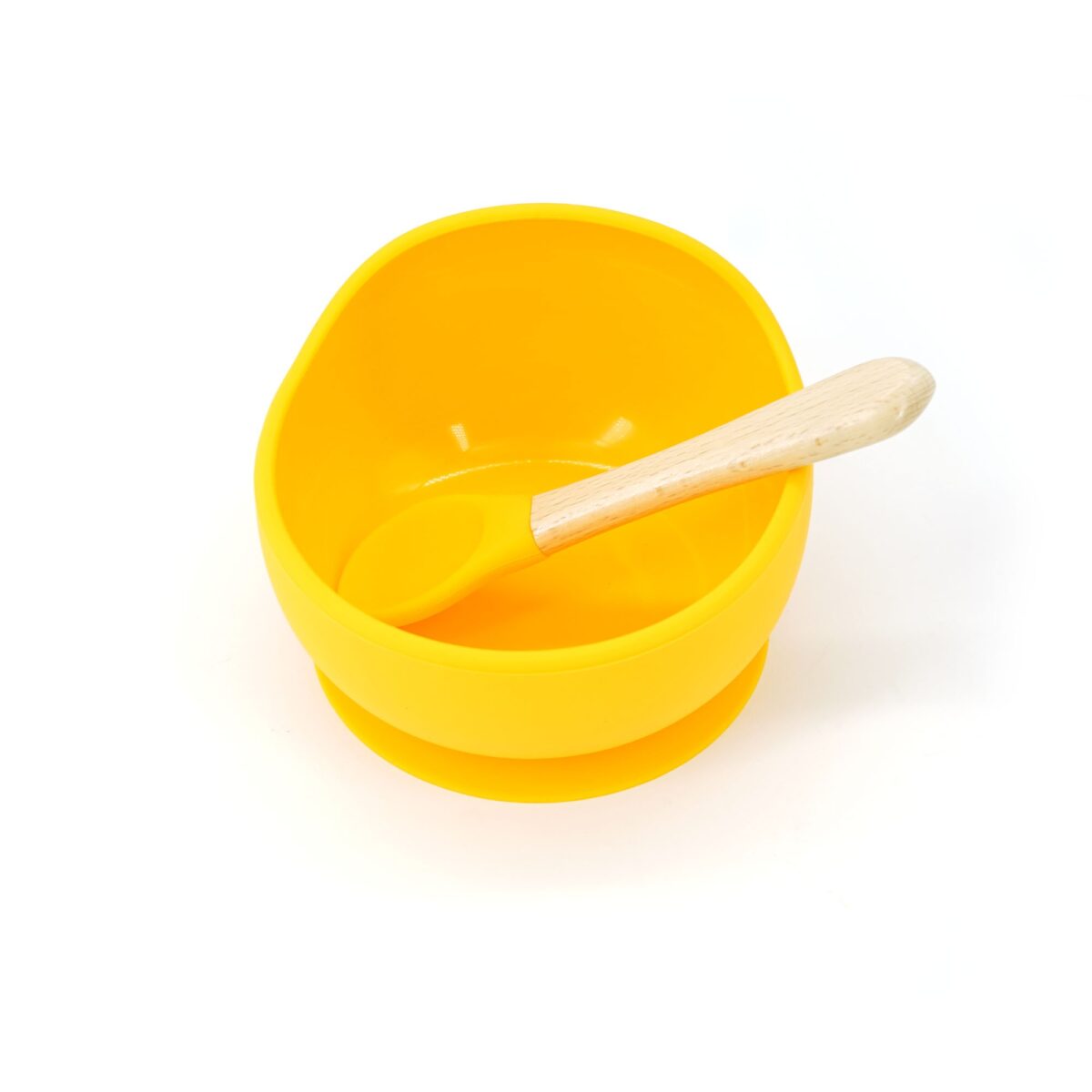 Set 2 piese diversificare bebelusi si copii din silicon Embo, bol cu ventuza, lingurita din lemn si silicon, pentru gustari, fara alergeni, galben - imagine 2
